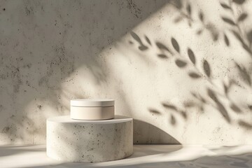 Wall Mural - Pedestal for packaging and cosmetic presentation shadow on wall Product display with white concrete and stone texture natural beauty stand in sunlight Realistic 3