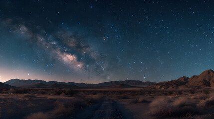 A starry night sky with a road in the middle of a desert
