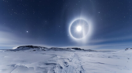 Wall Mural - A large, glowing circle is floating in the sky above a snowy landscape