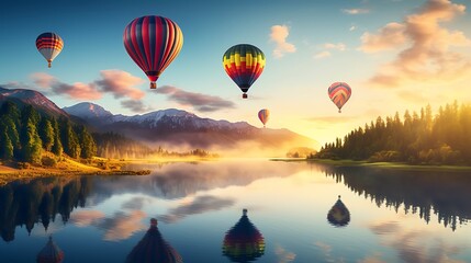 Wall Mural - Bright and colorful hot air balloons floating over a scenic landscape at sunrise