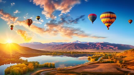 Wall Mural - Bright and colorful hot air balloons floating over a scenic landscape at sunrise