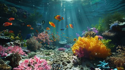 Wall Mural - Underwater with colorful sea closeup life fishes and plant at seabed background, Colorful Coral reef landscape in the deep of ocean. Marine life concept.