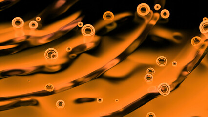 Poster - Neon bubbles are moving floating on liquid. Design. Moving bubbles on surface of abstract liquid. Animation with moving bubbles on surface of liquid with waves