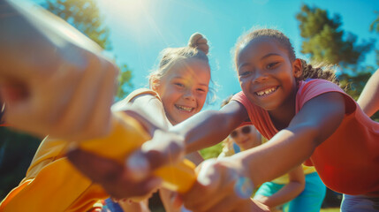 Joyful kids playing tug-of-war on a sunny day outdoors