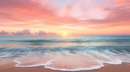 Wall Mural - Serene sunrise over a calm ocean with gentle waves and a sandy beach