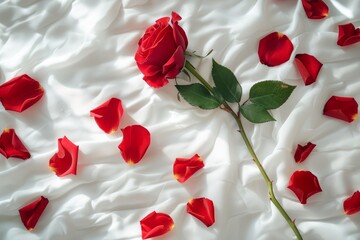 Sticker - Red rose petals on white bed for Valentine s Day surprise honeymoon Top view