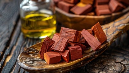 Poster - Red sandalwood and wooden spoon with aromatherapy oil in the background