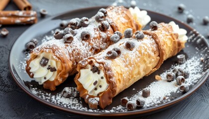 Wall Mural - Sicilian cannoli a traditional Italian dessert served on a plate