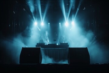 Sticker - Silhouettes of crowd on stage in bright lights with smoke and spotlights