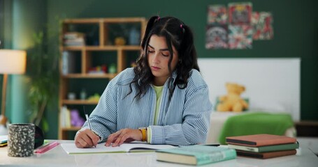 Poster - Home, girl and writing homework in study room for university exams, test and academic assignment. Student, notebook or pen for learning, research information and education with teenager in house