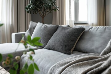 Wall Mural - Sleek interior design with a grey sofa in a loft style apartment Wood textured flooring Background space Close up shot