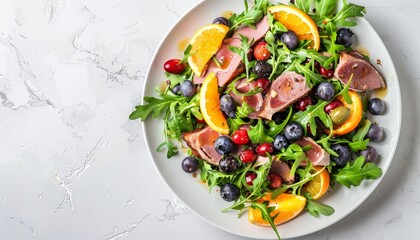 Wall Mural - Smoked duck salad with fruits and greens white table background top view Bright sunlight and shadow pattern