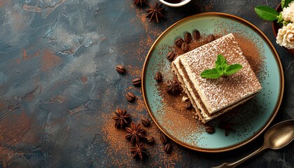 Wall Mural - Tiramisu on plate Italian dessert top view