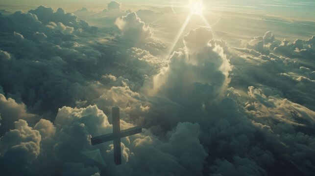 Clouds outside the airplane window, vaguely seeing the cross, religious culture, faith, hope, 4k high-definition wallpaper, background, generated by AI.Sacred Cross in the Clouds - Spiritual Landscape