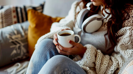 a relax woman hold white cup of coffee for mock up to wearing headphone.