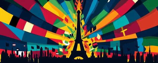 Colorful Olympic flame illustration with international flags and cityscape silhouette
