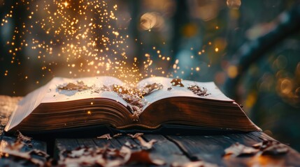 The magical book that turning the multiple glowing glittered page that stay on the wood table that surrounded with the mystery fantasy glowing glittered mist that looks like from dream world. AIGX03.