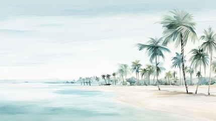 Wall Mural - A line of palm trees framing white sand, against the background of a sparkling ocean illustrations 