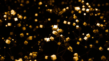Poster - Abstract connected lines and cubes in wavy motion. Design. Up and down levitating 3d particles.