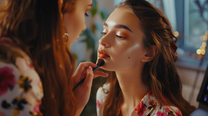 make-up artist doing evening makeup to a beautiful young woman in beauty studio, stylist, girl, salon, eye shadow, brush, cosmetics, lipstick, mascara, blush, contouring, model, fashion, professional