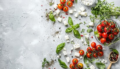 Poster - Top view of a cooking recipe featuring a trendy Feta pasta dish with cherry tomatoes feta cheese garlic and herbs