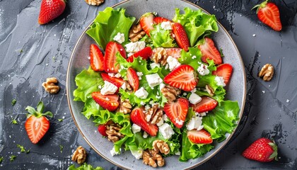 Sticker - Top view of a vegetarian salad with homemade fresh summer strawberries lettuce feta cheese and walnuts