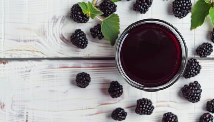 Poster - Top view of blackberry smoothie on white wooden background