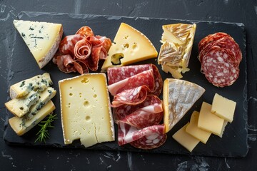 Sticker - Top view of cheese and meat selection on dark slate board