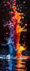 Fototapete - Black background with a burst of vibrant colors in various shades of red, blue, green, yellow, purple, and orange. And there is a colorful pond below. It showcases creativity and artistic expression.