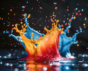 Fototapete - Black background with a burst of vibrant colors in various shades of red, blue, green, yellow, purple, and orange. And there is a colorful pond below. It showcases creativity and artistic expression.