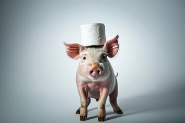 a tissue on head a cute pig standing on isolated background.