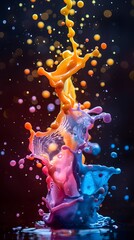 Fototapete - Black background with a burst of vibrant colors in various shades of red, blue, green, yellow, purple, and orange. And there is a colorful pond below. It showcases creativity and artistic expression.