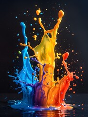 Fototapete - Black background with a burst of vibrant colors in various shades of red, blue, green, yellow, purple, and orange. And there is a colorful pond below. It showcases creativity and artistic expression.