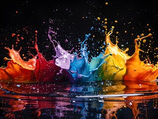 Fototapete - Black background with a burst of vibrant colors in various shades of red, blue, green, yellow, purple, and orange. And there is a colorful pond below. It showcases creativity and artistic expression.