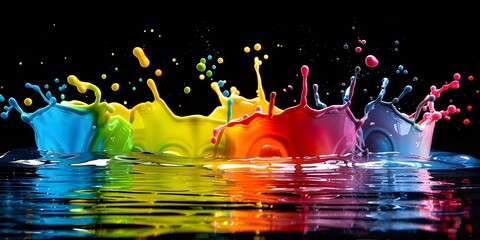 Fototapete - Black background with a burst of vibrant colors in various shades of red, blue, green, yellow, purple, and orange. And there is a colorful pond below. It showcases creativity and artistic expression.