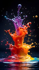Fototapete - Black background with a burst of vibrant colors in various shades of red, blue, green, yellow, purple, and orange. And there is a colorful pond below. It showcases creativity and artistic expression.