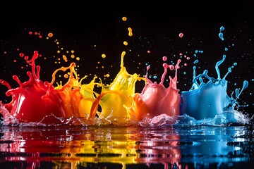 Fototapete - Black background with a burst of vibrant colors in various shades of red, blue, green, yellow, purple, and orange. And there is a colorful pond below. It showcases creativity and artistic expression.