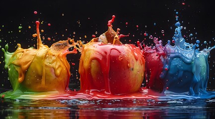 Fototapete - Black background with a burst of vibrant colors in various shades of red, blue, green, yellow, purple, and orange. And there is a colorful pond below. It showcases creativity and artistic expression.