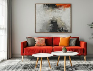 Wall Mural - Two tables on a grey carpet beside a sofa with a painting on the wall in a living room corner