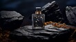 © ds17 - Mockup of a bottle of men's perfume standing on a stone on a dark background