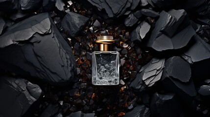 Mockup of a bottle of men's perfume standing on a stone on a dark background, top view