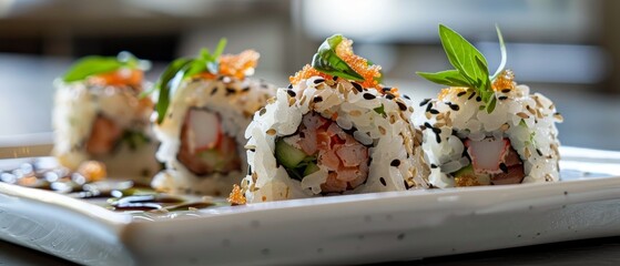 Wall Mural - Elegant sushi rolls adorned with basil on a modern plate 