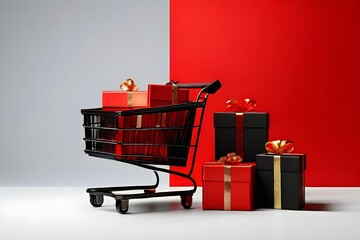 black friday shopping cart brimming with black gift boxes