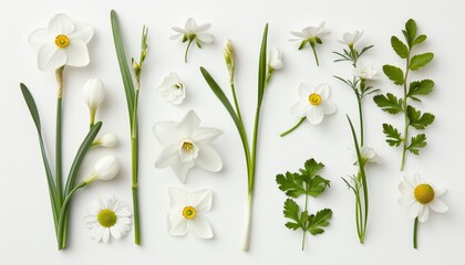 Wall Mural - White flowers narcissus chamomile buds and foliage on white background flat lay top view
