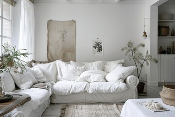 Poster - White living room with botanical posters and sofa in background