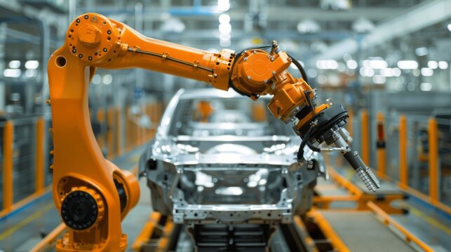 Robotic arms build cars on assembly line.