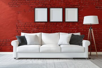 Poster - White sofa pillows and carpet in living room with lamp by red brick wall with gallery