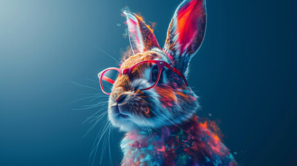 A colorful rabbit wearing glasses is staring at the camera. It has a serious expression on its face. The image has a playful and whimsical mood.