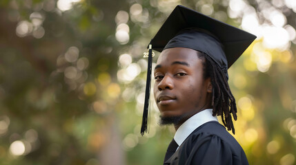 Wall Mural - Confident young man with dreadlocks in graduation cap and gown, standing outdoors with sunlight filtering through trees, representing academic achievement and future aspirations