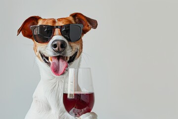 Canvas Print - dog wearing sunglasses and holding a glass of red wine